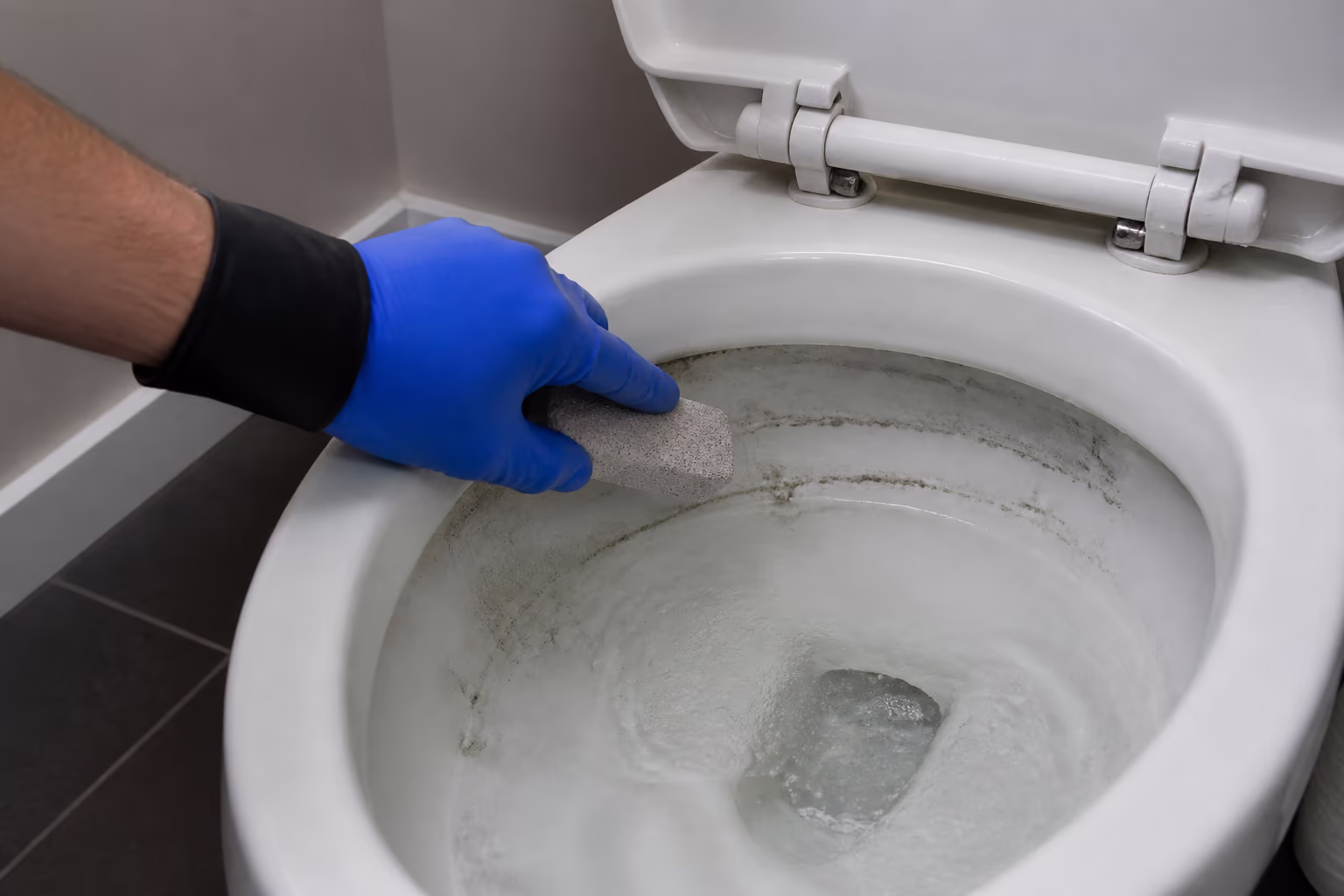 A bathroom cleaner working a soaked pumice stone around a toilet bowl waterline with light pressure, creating a grey mineral paste to rinse away.