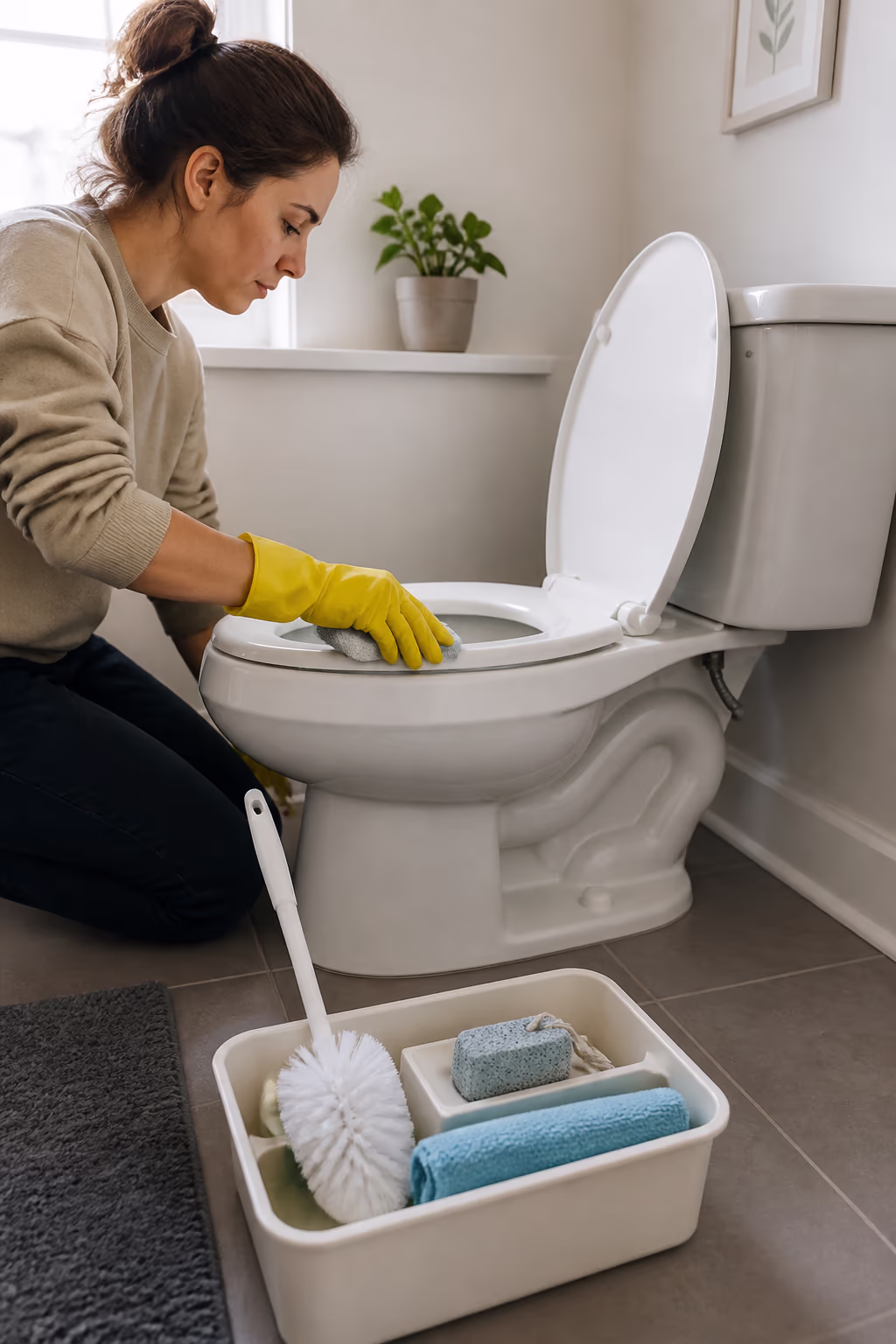A neat cleaning caddy holding a natural pumice stone, a toilet brush and microfibre cloths beside a spotless white porcelain toilet in an Ottawa bathroom.