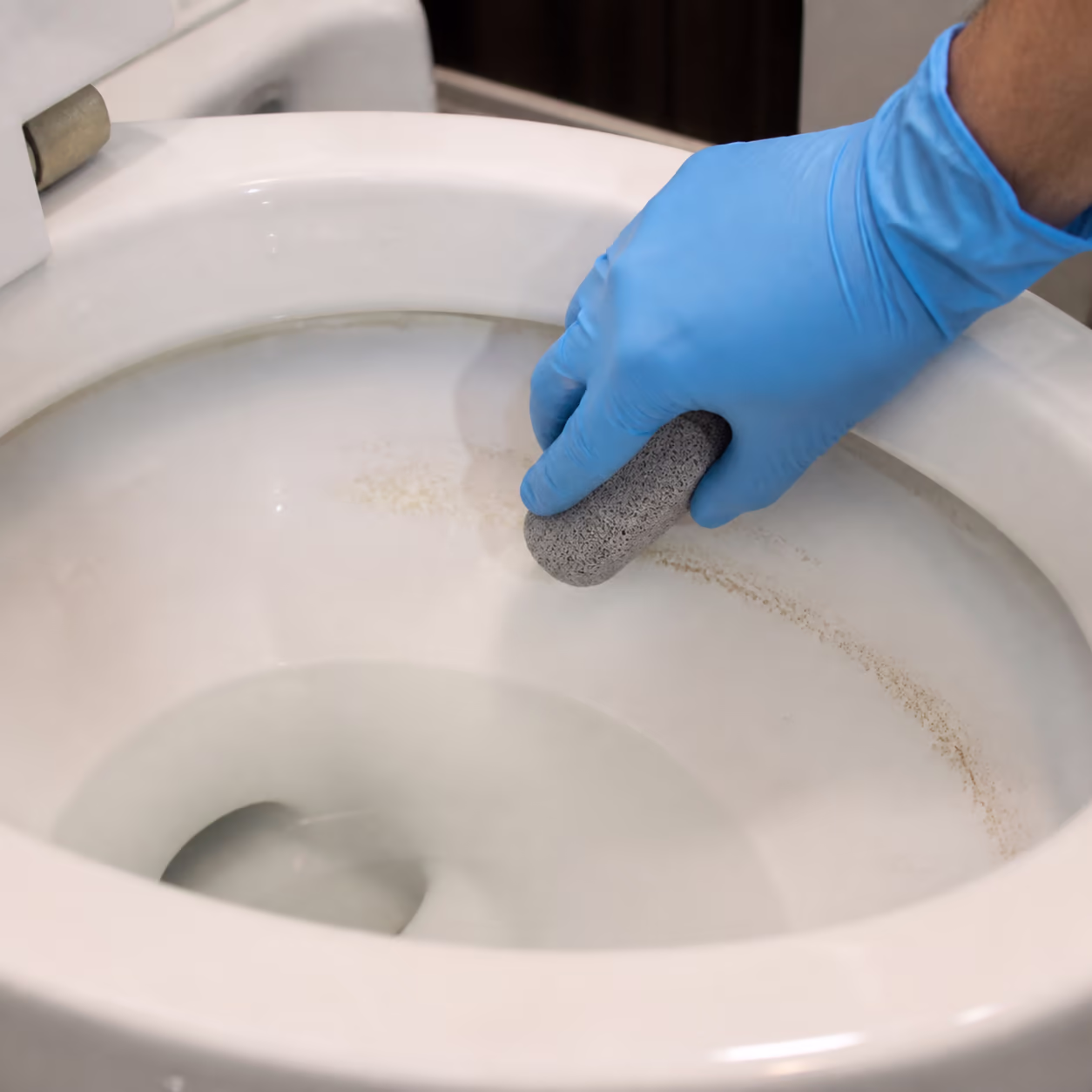 A gloved hand rubbing a wet natural pumice stone across a hard water mineral ring on a white porcelain toilet bowl in an Ottawa home.