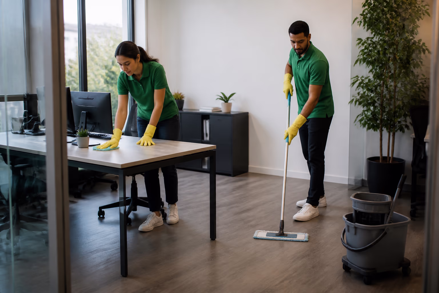 Two cleaners in green shirts and yellow gloves wiping a desk and mopping the floor of a glass-walled office.