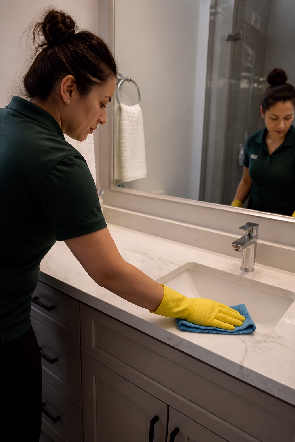 A cleaner in a green uniform and yellow gloves using a colour-coded microfibre cloth on a bathroom vanity, illustrating the colour-coded cloth habit from the permanent tidiness checklist.