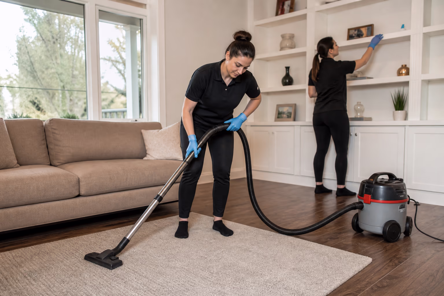 A residential team in matching uniforms vacuuming a living room rug and dusting shelves during a recurring home cleaning visit in Ottawa.