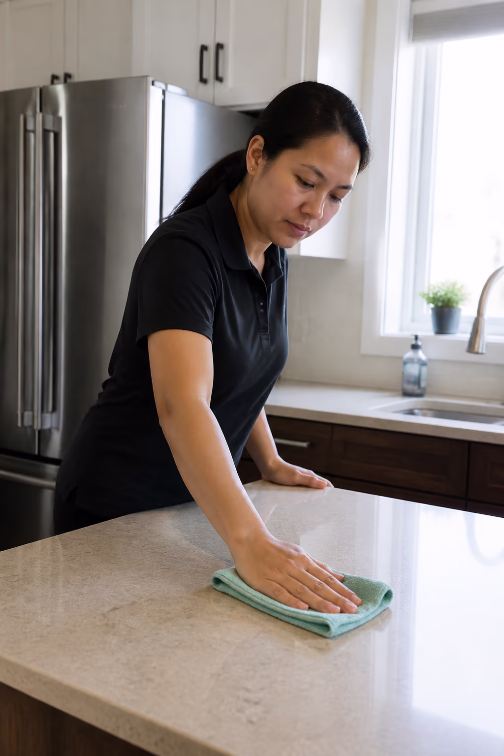 A professional wiping a kitchen countertop with a green microfibre cloth in a bright Ottawa home, showing what a standard house cleaning visit includes.