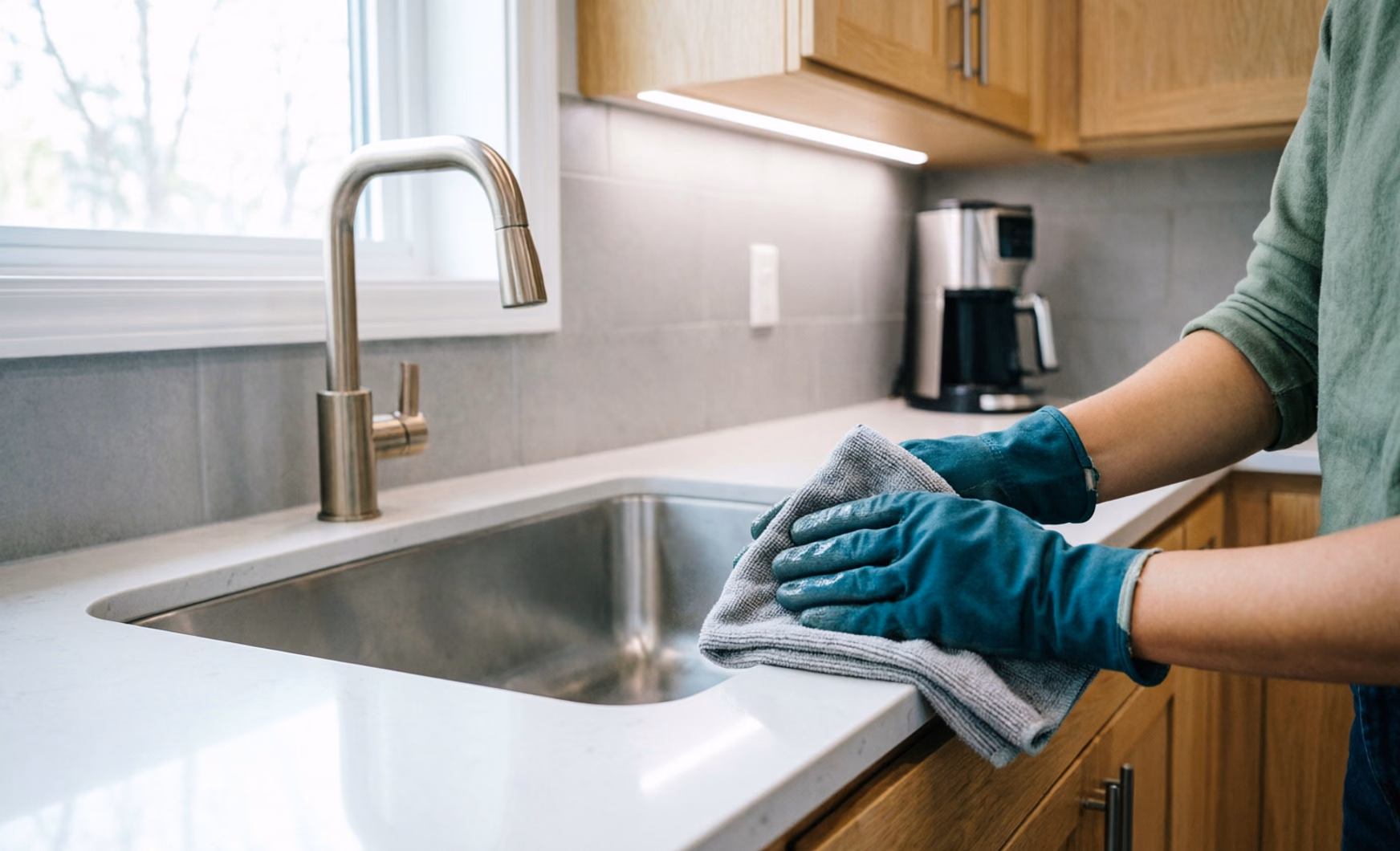 A cleaner's gloved hands spraying a surface with a spray bottle and wiping it with a microfibre cloth in a bright interior.