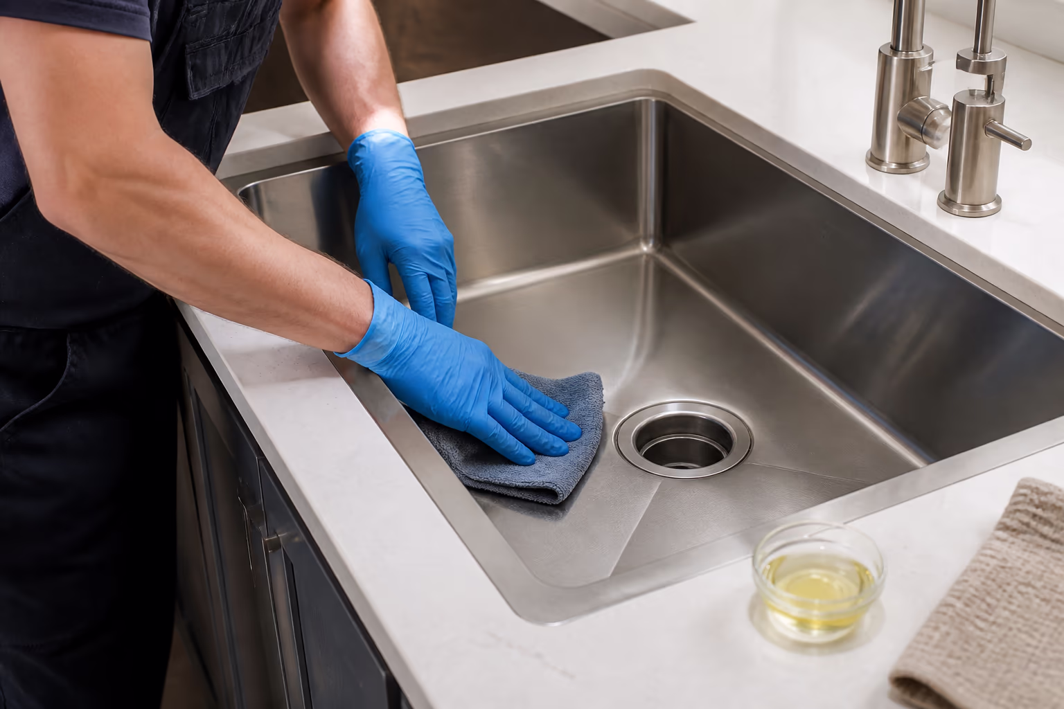 A technician in gloves polishing the drain rim and basin of a brushed stainless steel sink with a microfibre cloth, a small dish of oil on the counter beside them.