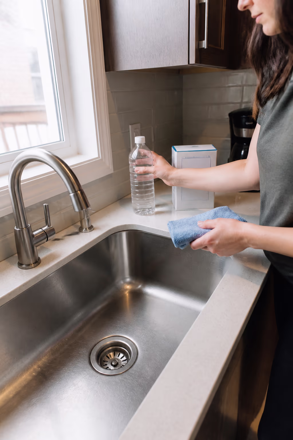 A neatly arranged stainless steel sink in a bright Ottawa kitchen with a bottle of white vinegar, a box of baking soda and a microfibre cloth on the counter, ready for the weekly grain-following clean.