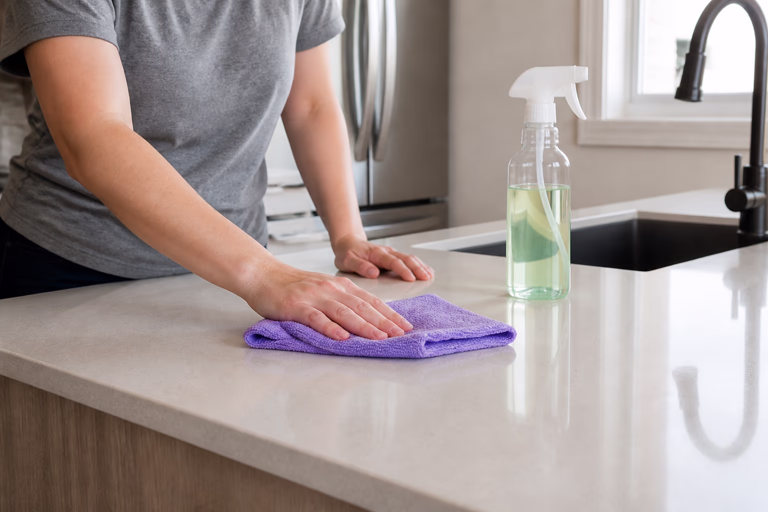 A spray bottle and a folded microfibre cloth resting on a bright counter, the everyday cleaning tools this guide replaces on a schedule.