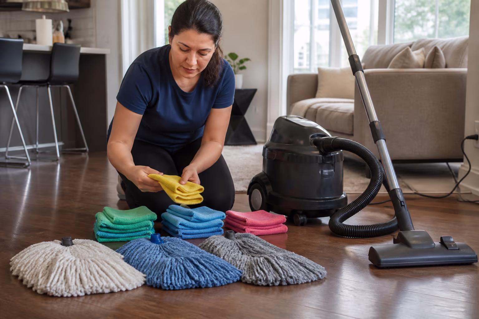 Colour-coded microfibre cloths, mop heads and a HEPA vacuum laid out before a residential clean, the equipment replaces and launders on schedule.