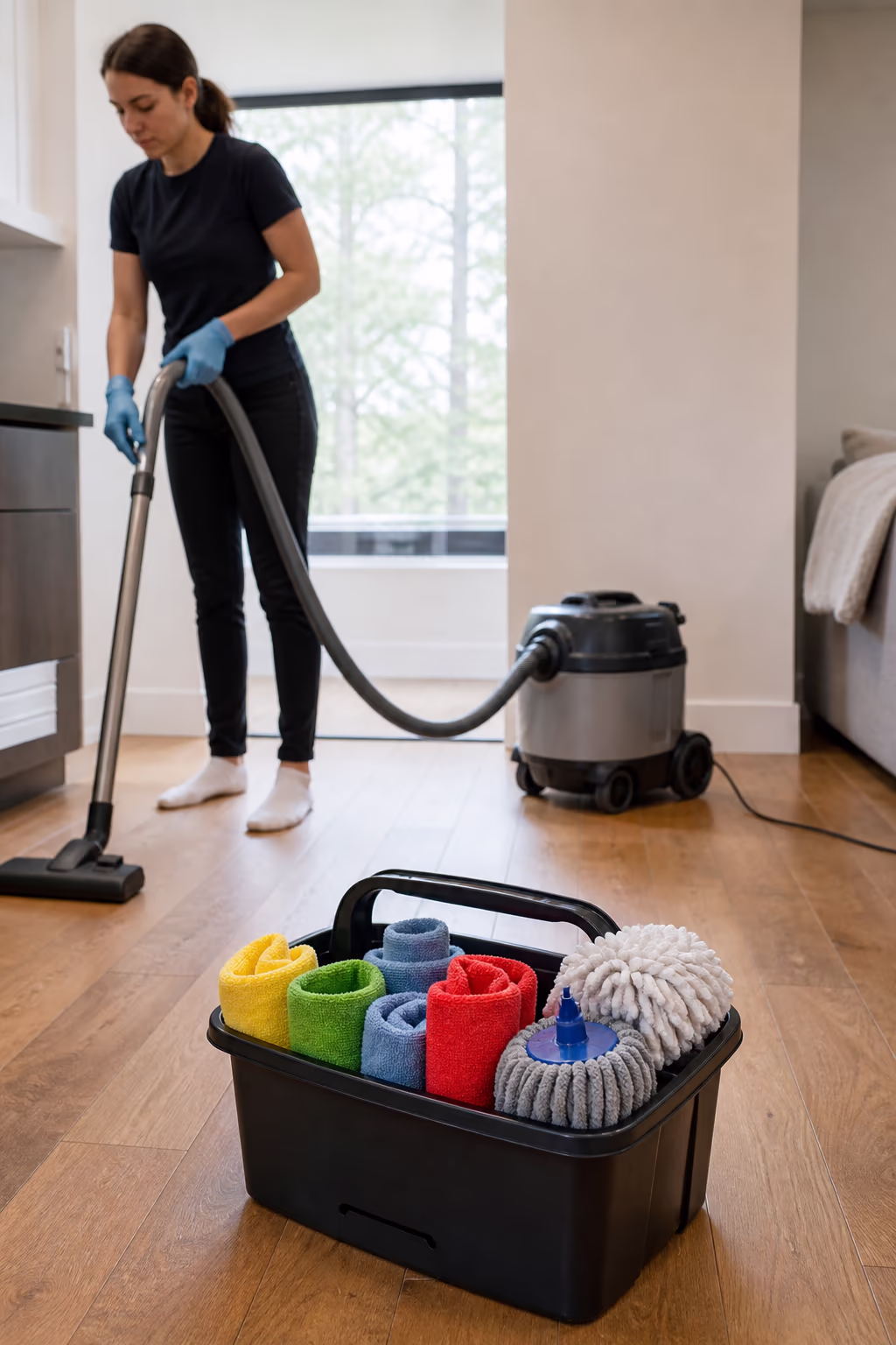 A tidy equipment caddy with colour-coded microfibre cloths, a sealed HEPA vacuum and fresh mop heads, showing how schedule-replaced tools prevent cross-contamination on every Ottawa visit.