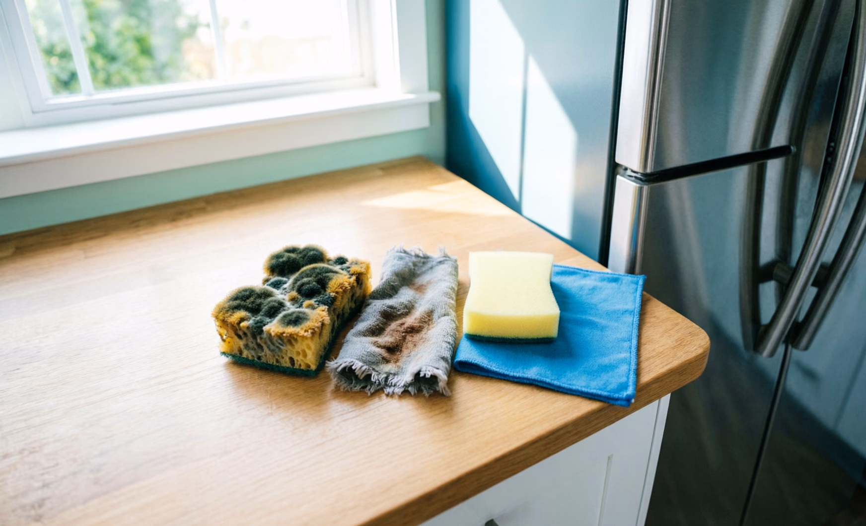 A worn kitchen sponge and frayed cloth set beside a fresh replacement, showing the cross-contamination risk of tools that stay in service too long.