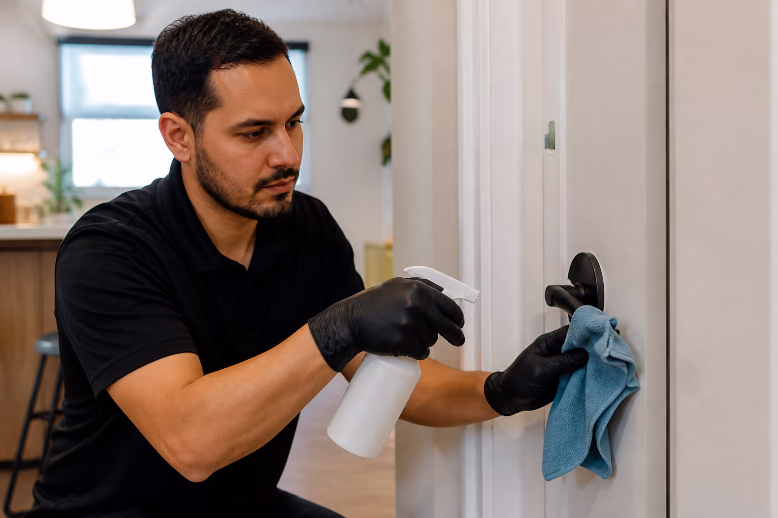 A gloved technician spraying a disinfectant onto a high-touch door handle and wiping it with a microfibre cloth in a bright commercial space in Ottawa.