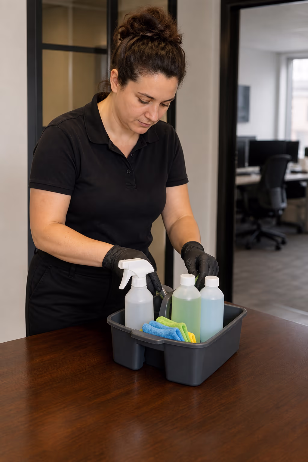 A professional cleaner preparing a small caddy with a general-purpose cleaner, a food-safe sanitizer, a disinfectant and colour-coded microfibre cloths before a daily hygiene pass in an Ottawa office.