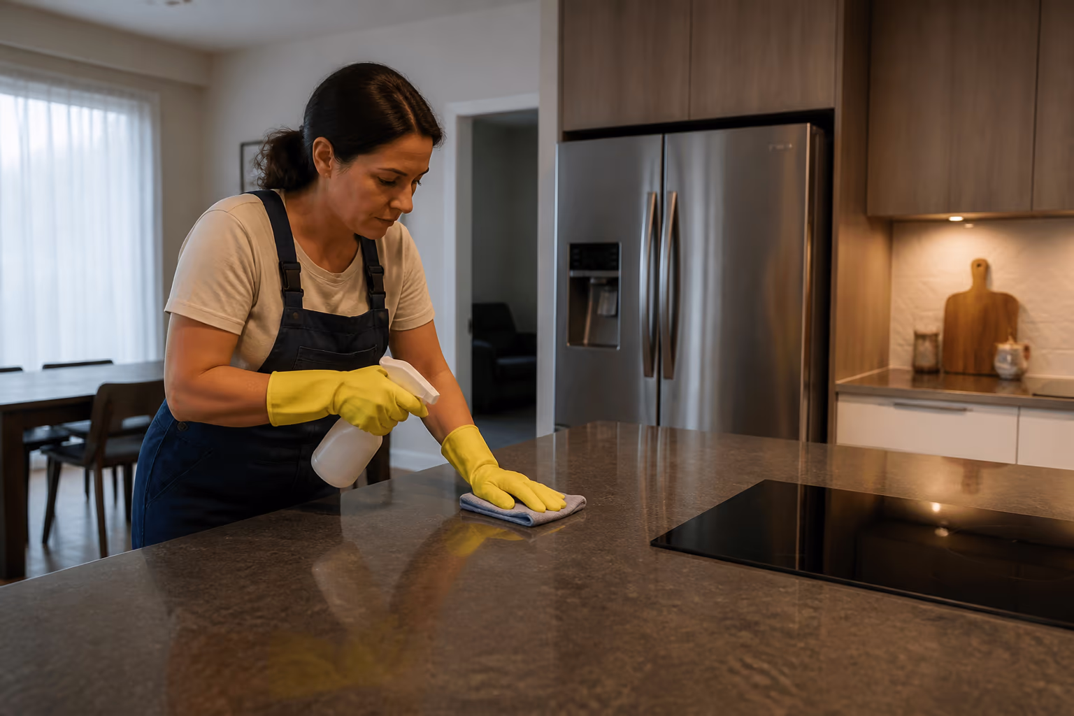 Cleaning technicians in uniform and yellow gloves wiping a desk and sanitizing high-touch surfaces in a glass-walled office in Ottawa.