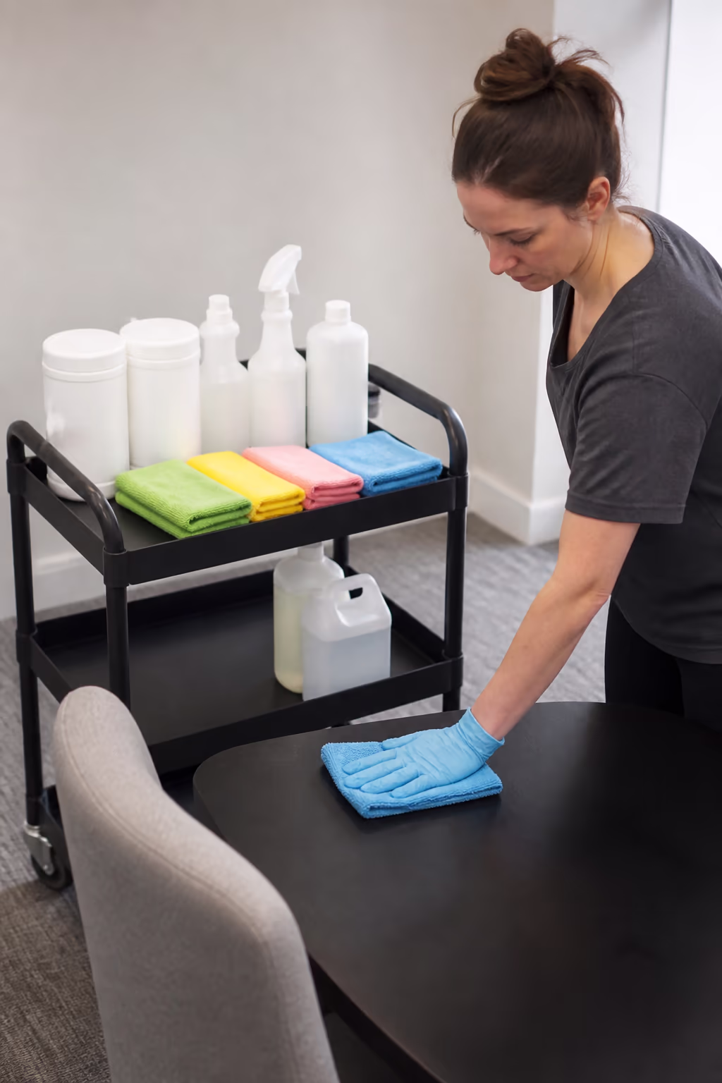 A neat cart of Health Canada DIN registered disinfectants and colour-coded microfibre cloths beside a food-safe sanitizer, ready for a disinfection pass in an Ottawa clinic.