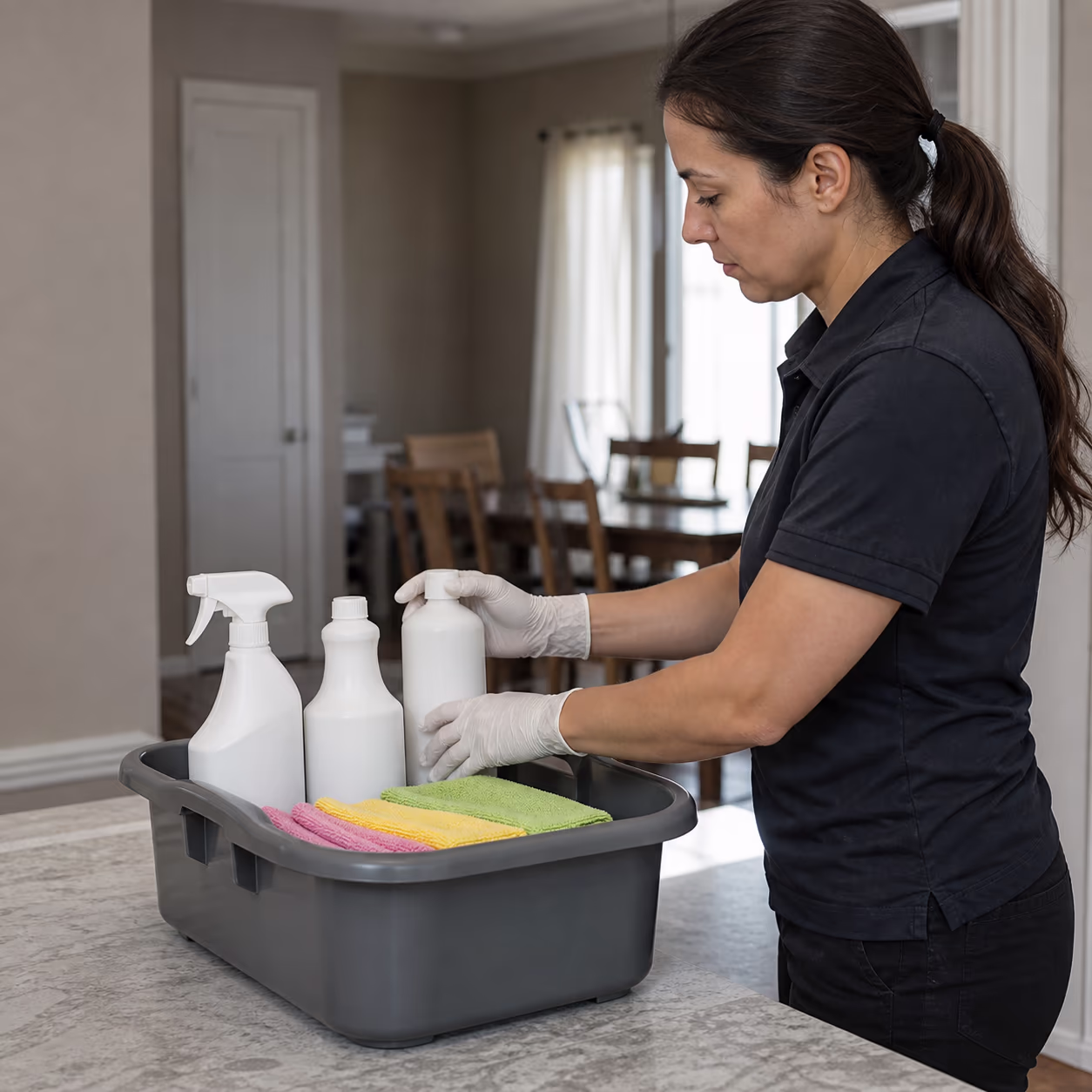 A cleaning technician's caddy holding a general-purpose cleaner, a food-safe sanitizer and a Health Canada DIN registered disinfectant beside colour-coded microfibre cloths in an Ottawa home.