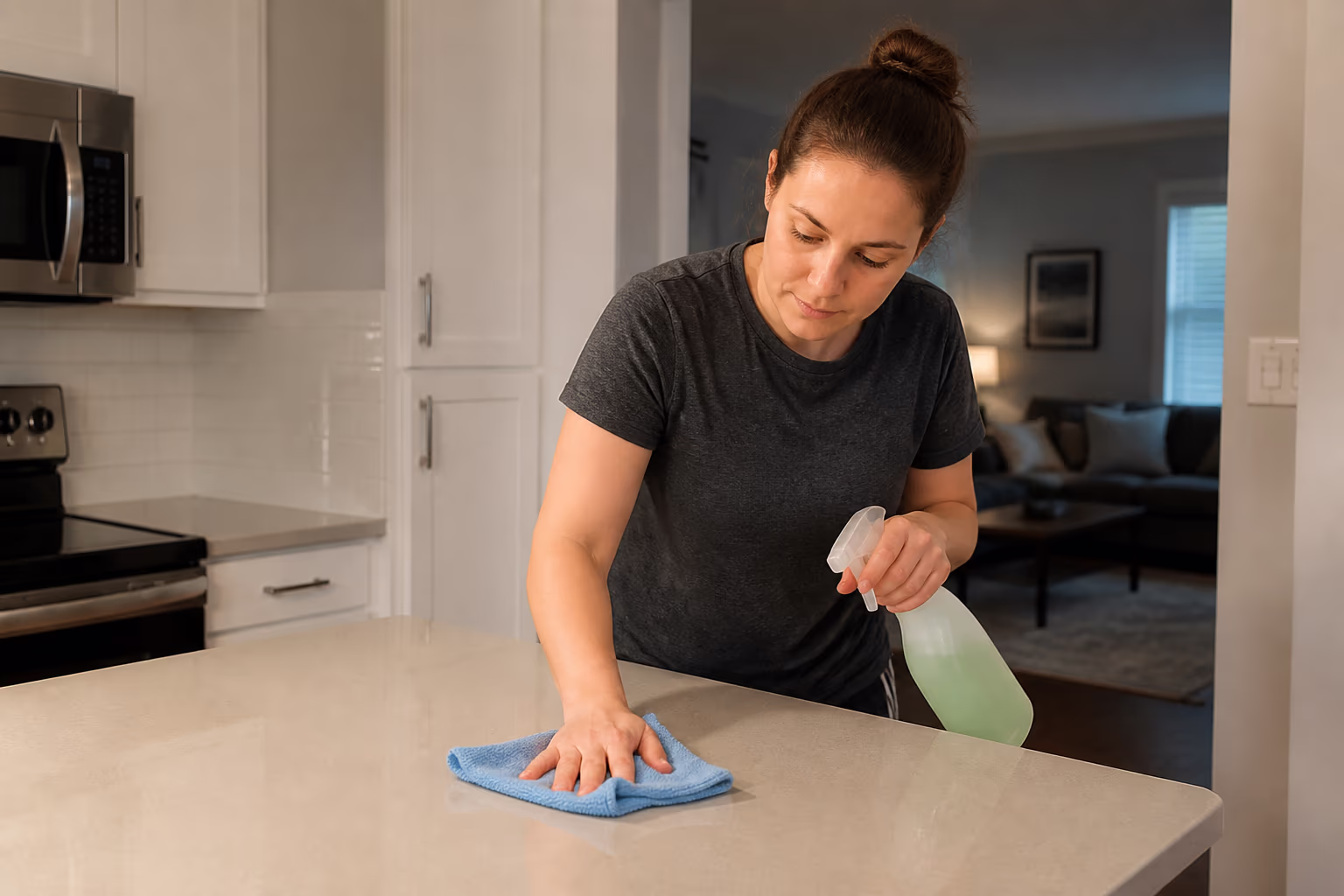 A cleaner wiping a kitchen countertop with a microfibre cloth and a spray bottle of all-purpose cleaner during a quick evening reset.