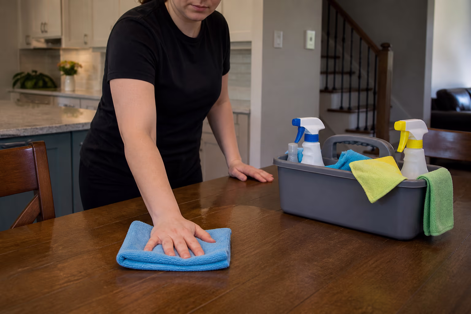 A cleaning technician folding a microfibre cloth beside a colour-coded supply caddy before a residential clean in an Ottawa home.