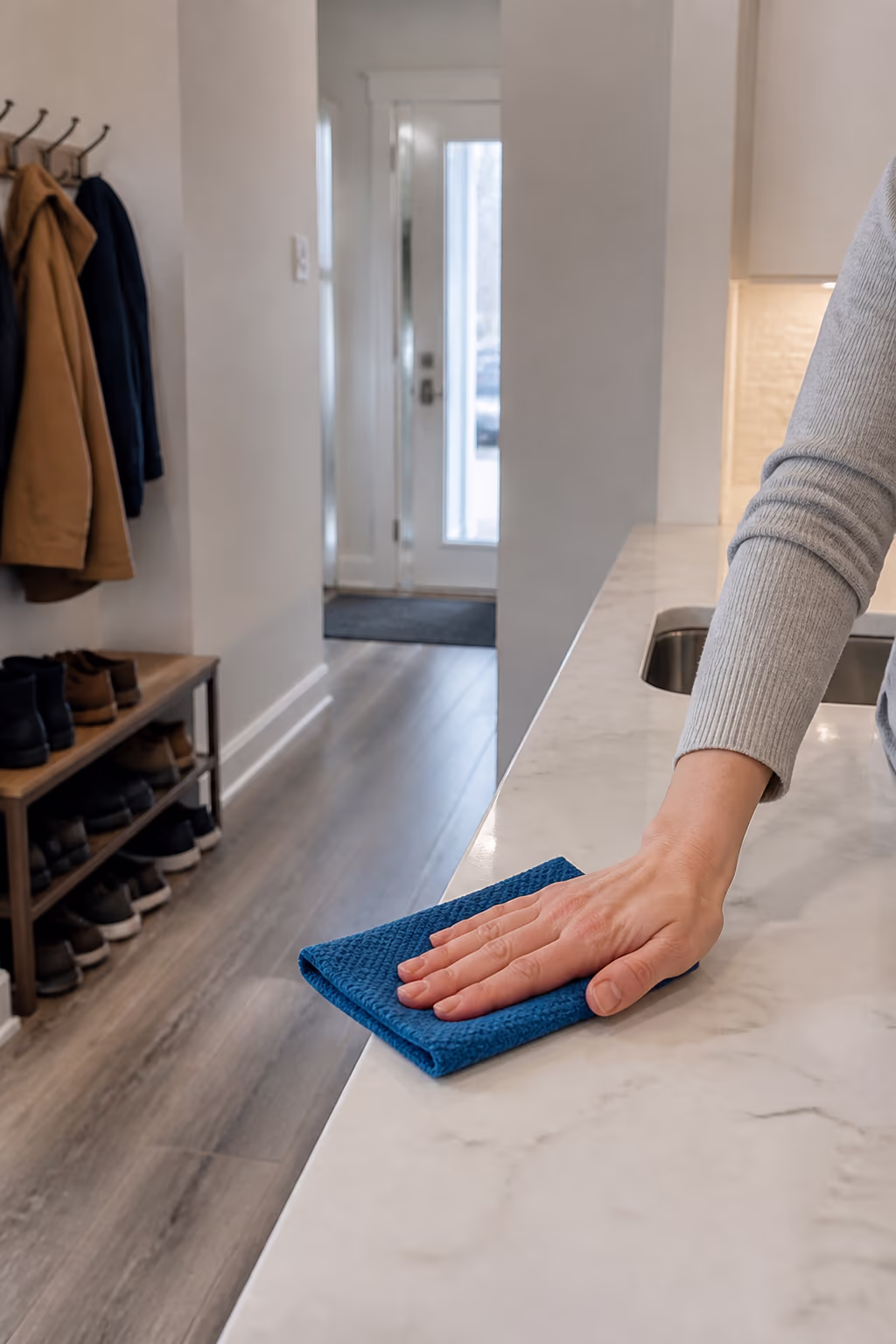 A tidy Ottawa entryway with shoes lined up and coats hanging beside a clear kitchen counter, the visible payoff of a 15-minute evening closing routine.