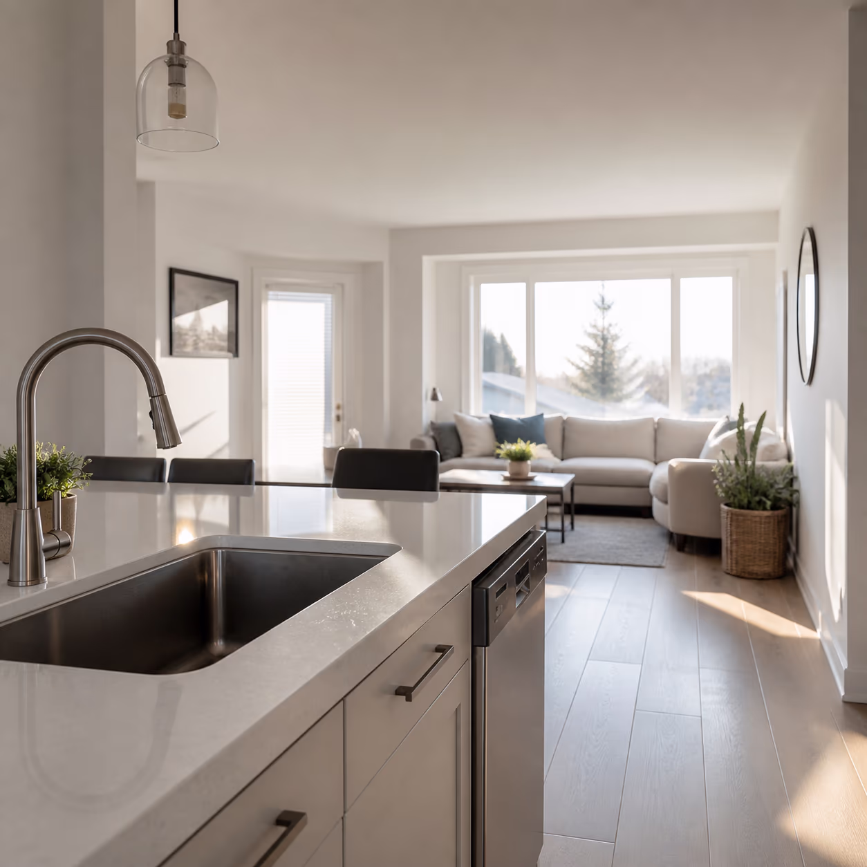 A calm, tidy kitchen and living room at dawn with clear counters, a clean sink and fluffed cushions, ready for a stress-free morning.