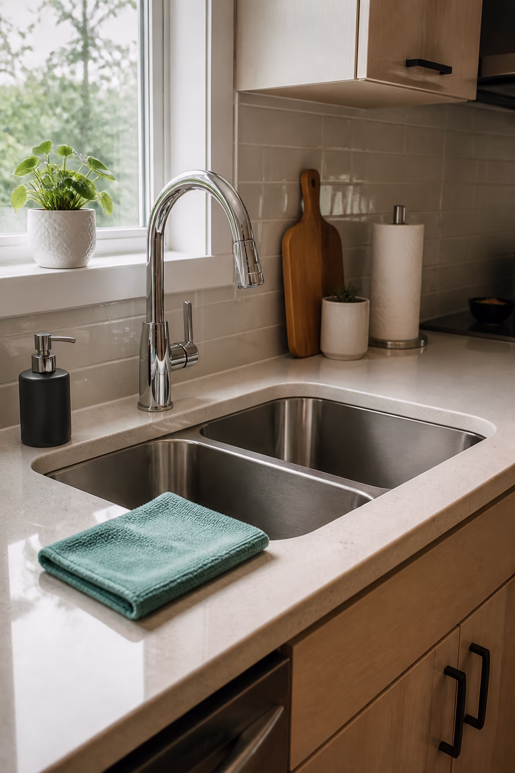 A clean kitchen sink and cleared countertop with a microfibre cloth and a spray bottle of all-purpose cleaner, captured in a tall portrait frame.