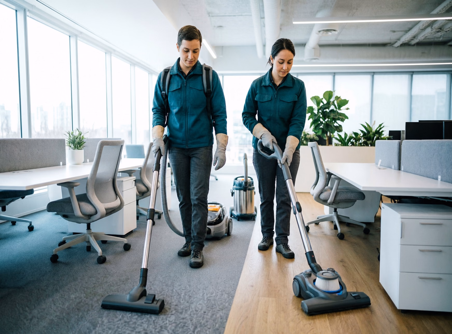 Two commercial cleaners dusting and vacuuming between desks in a bright open-plan Ottawa office during an after-hours round.