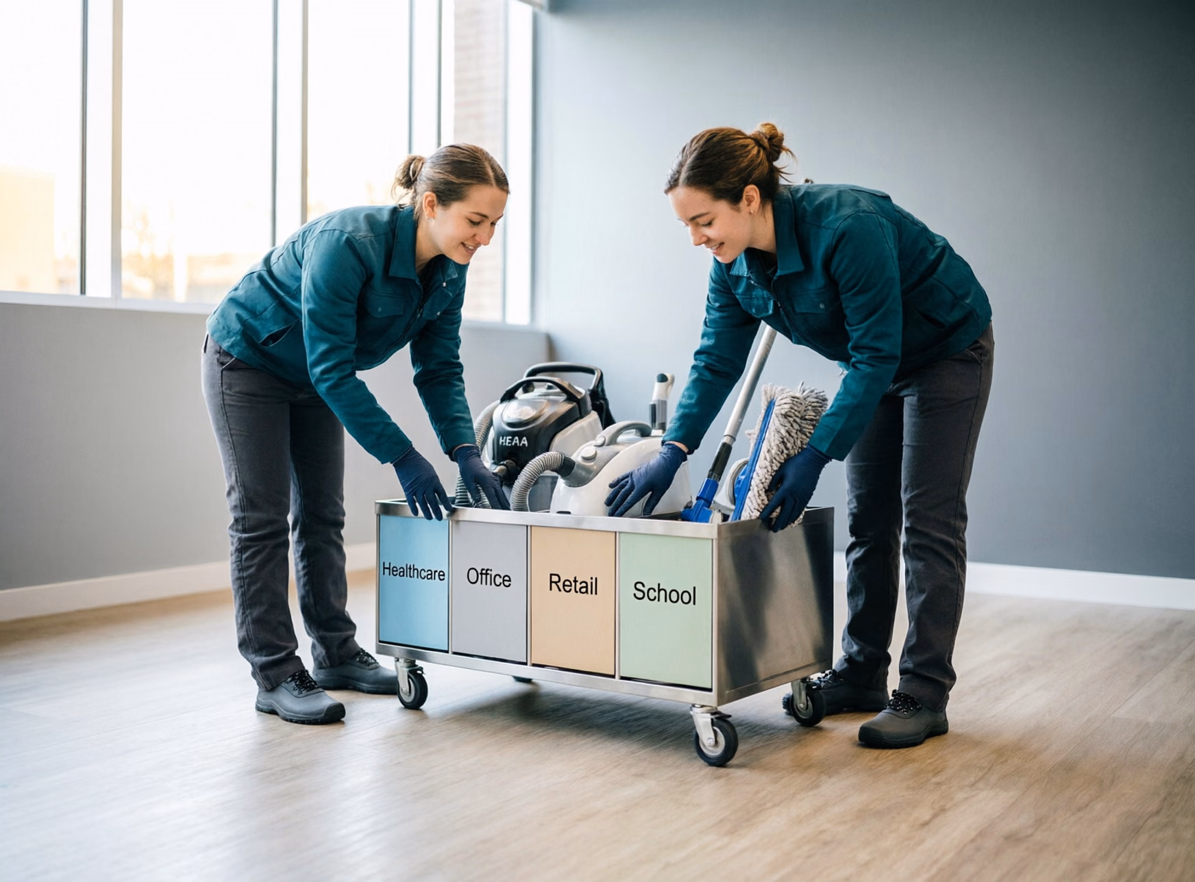 Cleaning technicians dividing an industry-specific janitorial checklist across healthcare, office, retail and school zones beside a colour-coded supply cart in Ottawa.