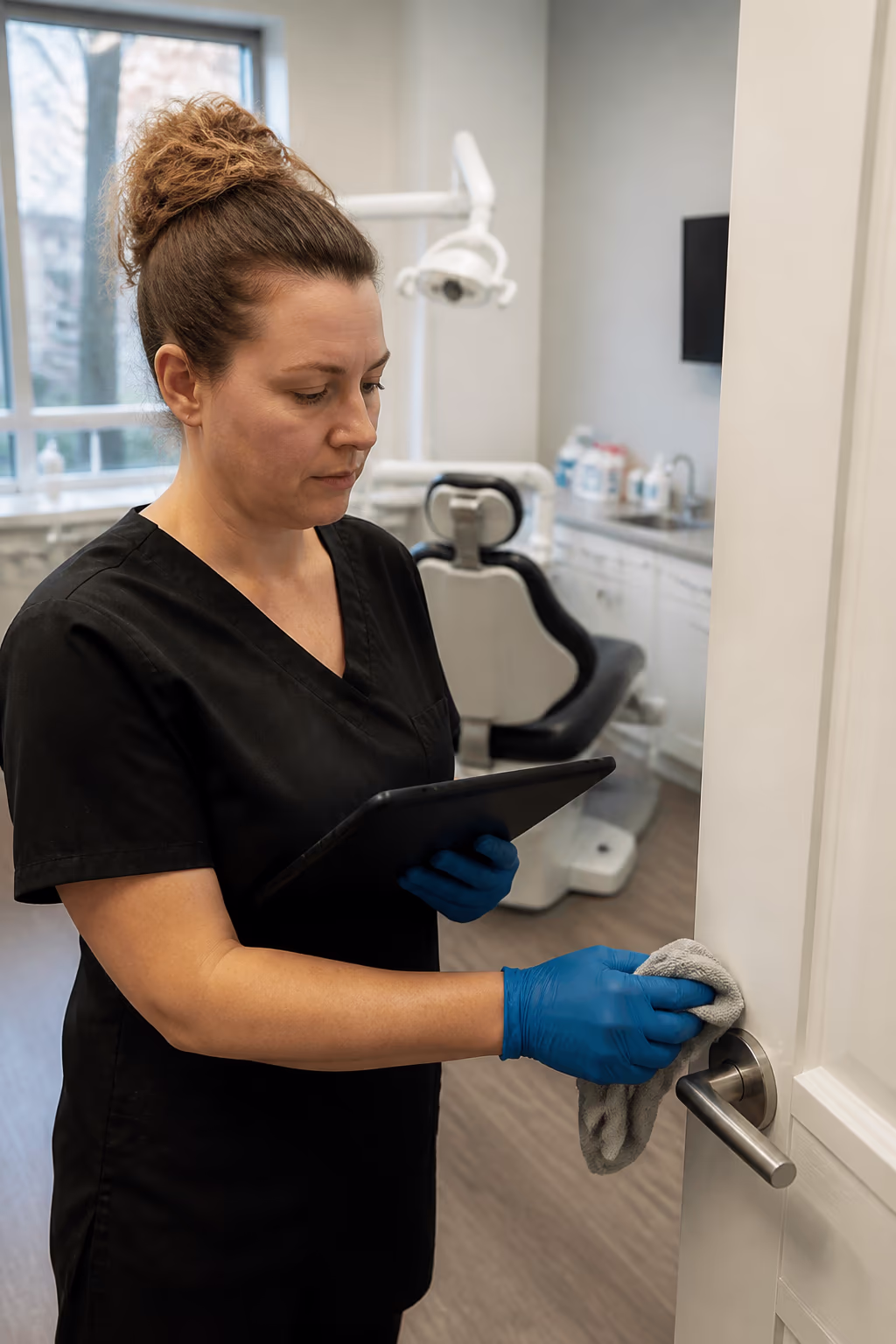A commercial hygiene technician in gloves logging a Health Canada registered surface disinfection on a digital inspection tablet in an Ottawa medical clinic.