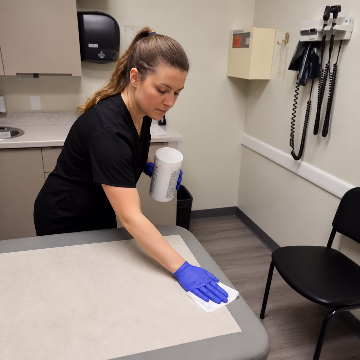 A professional cleaner disinfecting an exam table and a waiting-room door handle in a medical clinic with a Health Canada registered product.