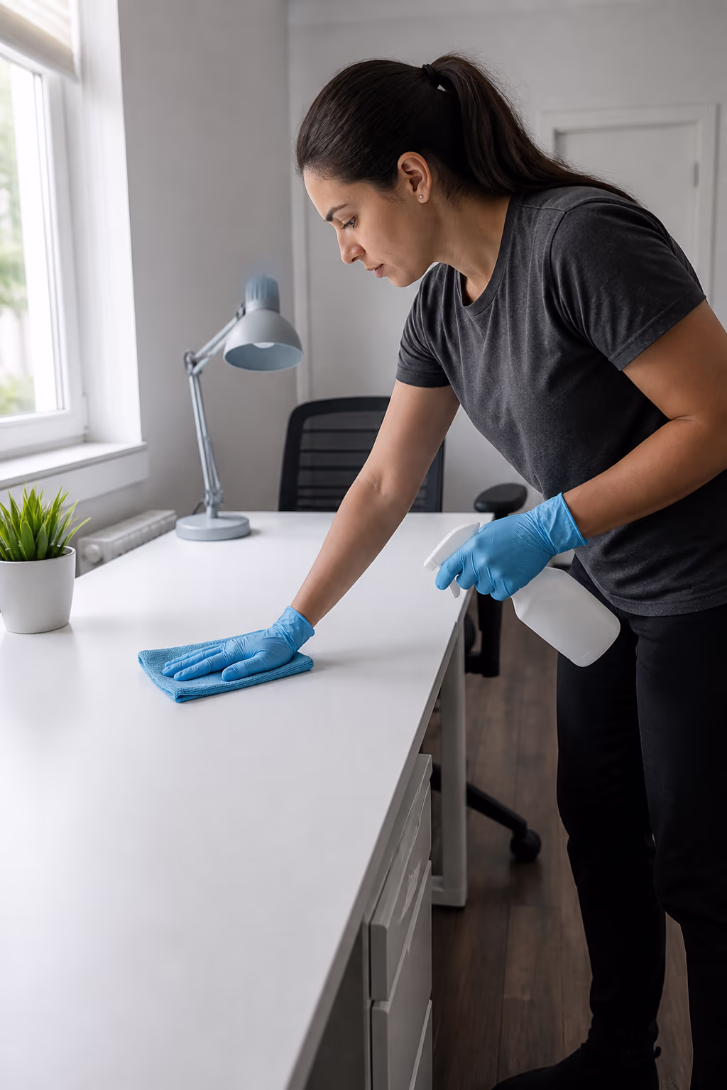 A commercial cleaner checking a colour-coded frequency schedule beside a row of office desks, matching each zone's cleaning cadence to its traffic and risk.