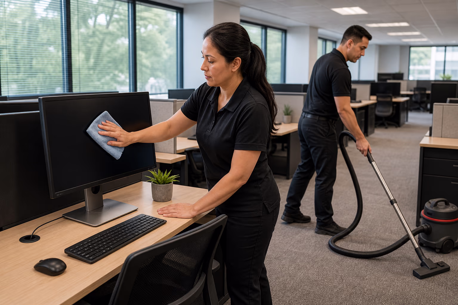 Two commercial cleaners wiping monitors and vacuuming between desks in a bright open-plan Ottawa office.