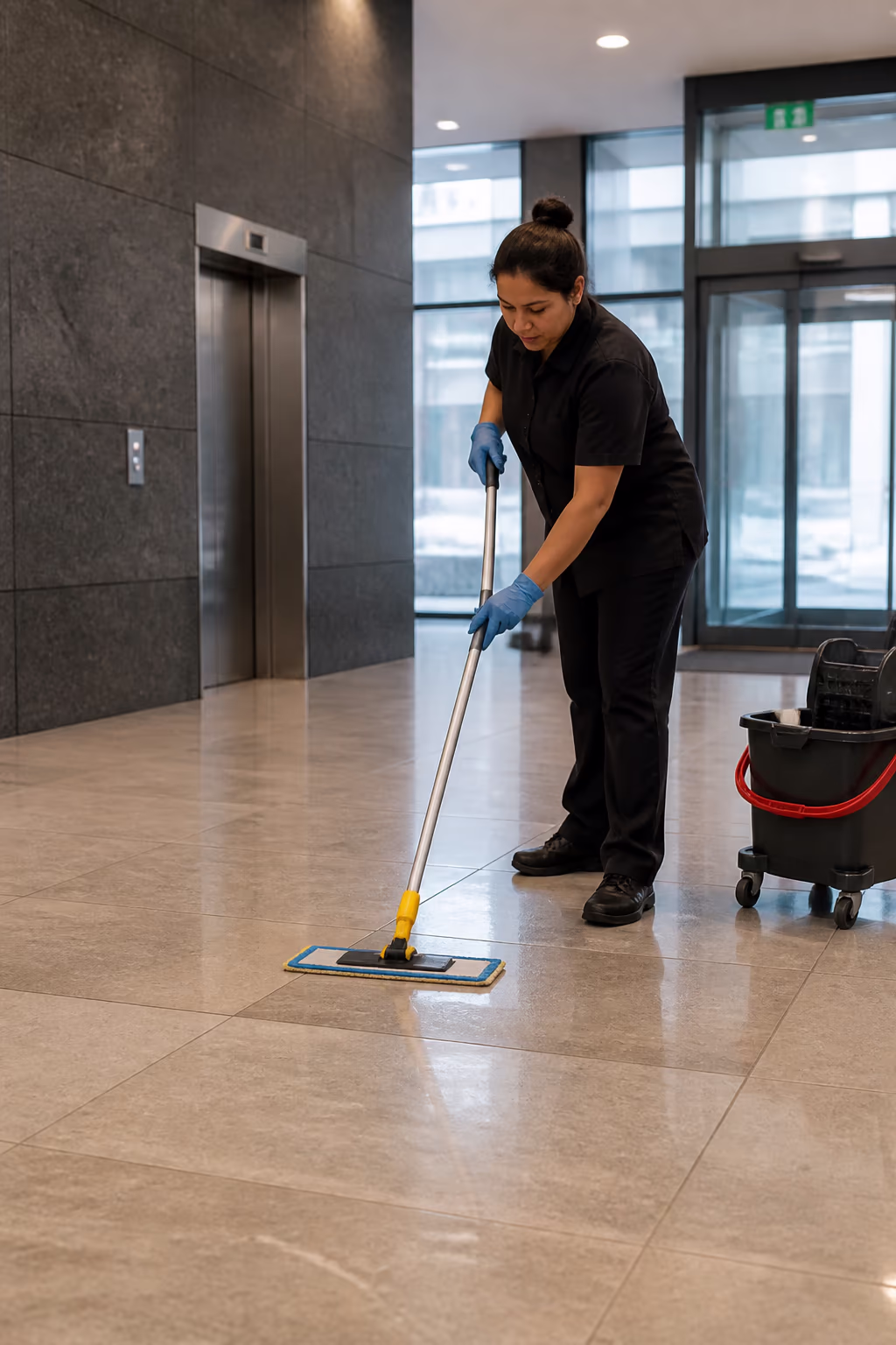 A hygiene technician mopping an Ottawa office lobby with a pH-neutral rinse to protect the floor from winter de-icing salt.