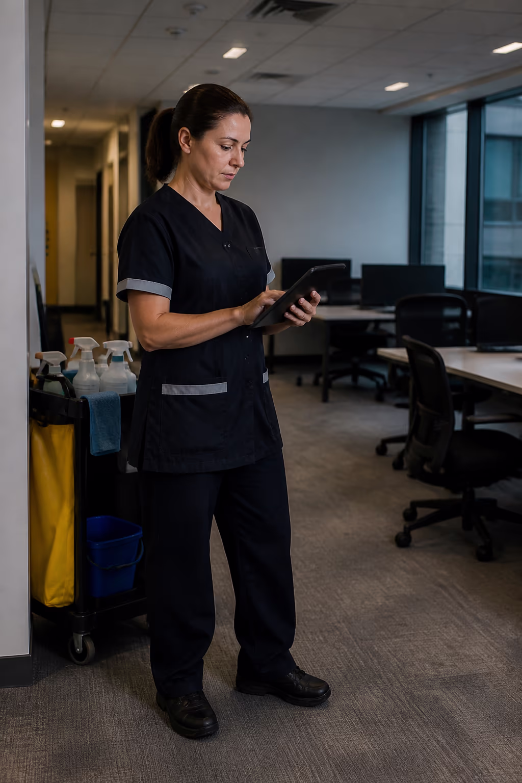 A verified commercial cleaning technician in a secure Ottawa office tower reviewing a digital quality checklist on a tablet before beginning the nightly routine.