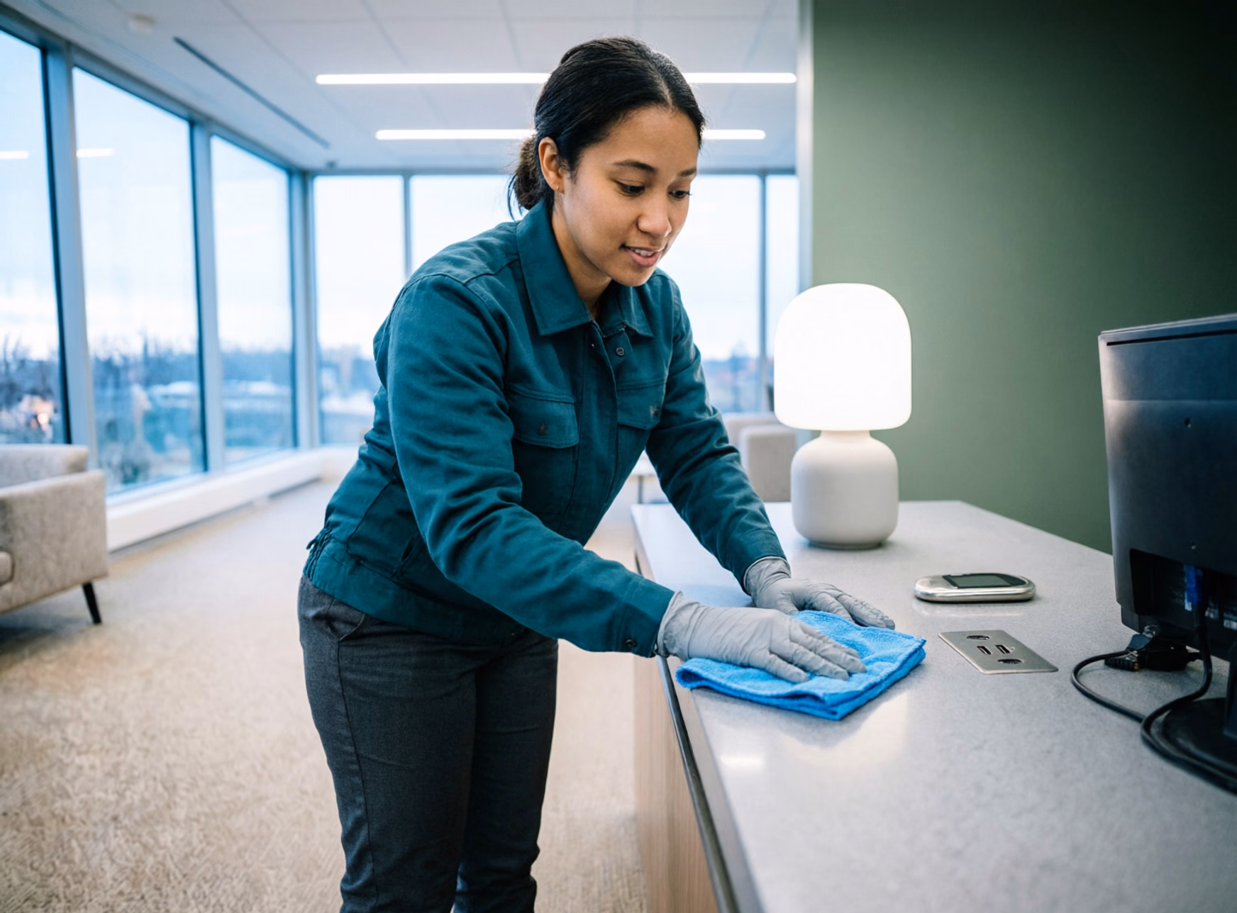 A background-checked commercial cleaner in an Ottawa corporate office wiping down a shared reception counter and high-touch points after hours.