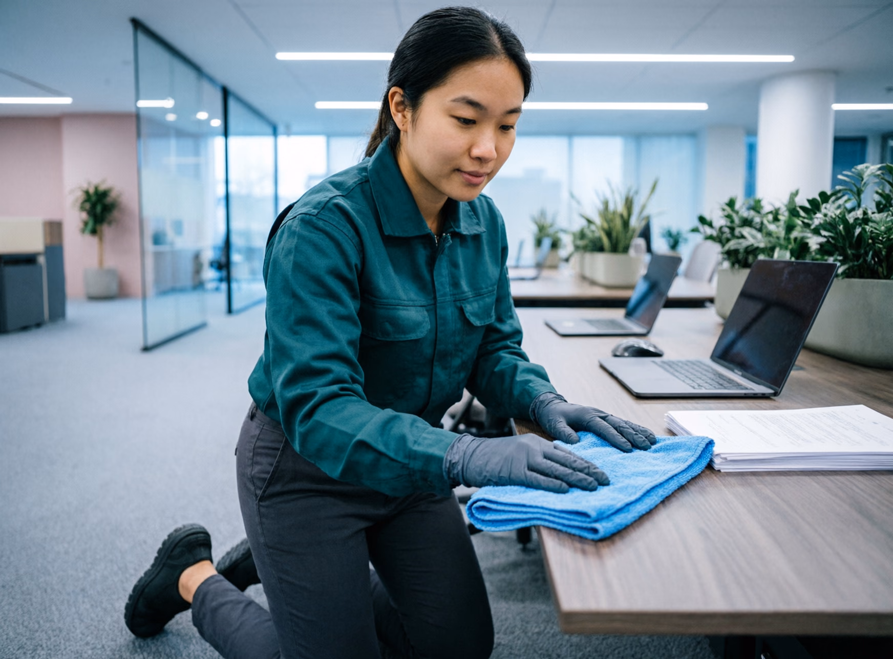 A commercial cleaning technician working through a nightly corporate cleaning checklist between open-plan desks in a secure Ottawa office tower.