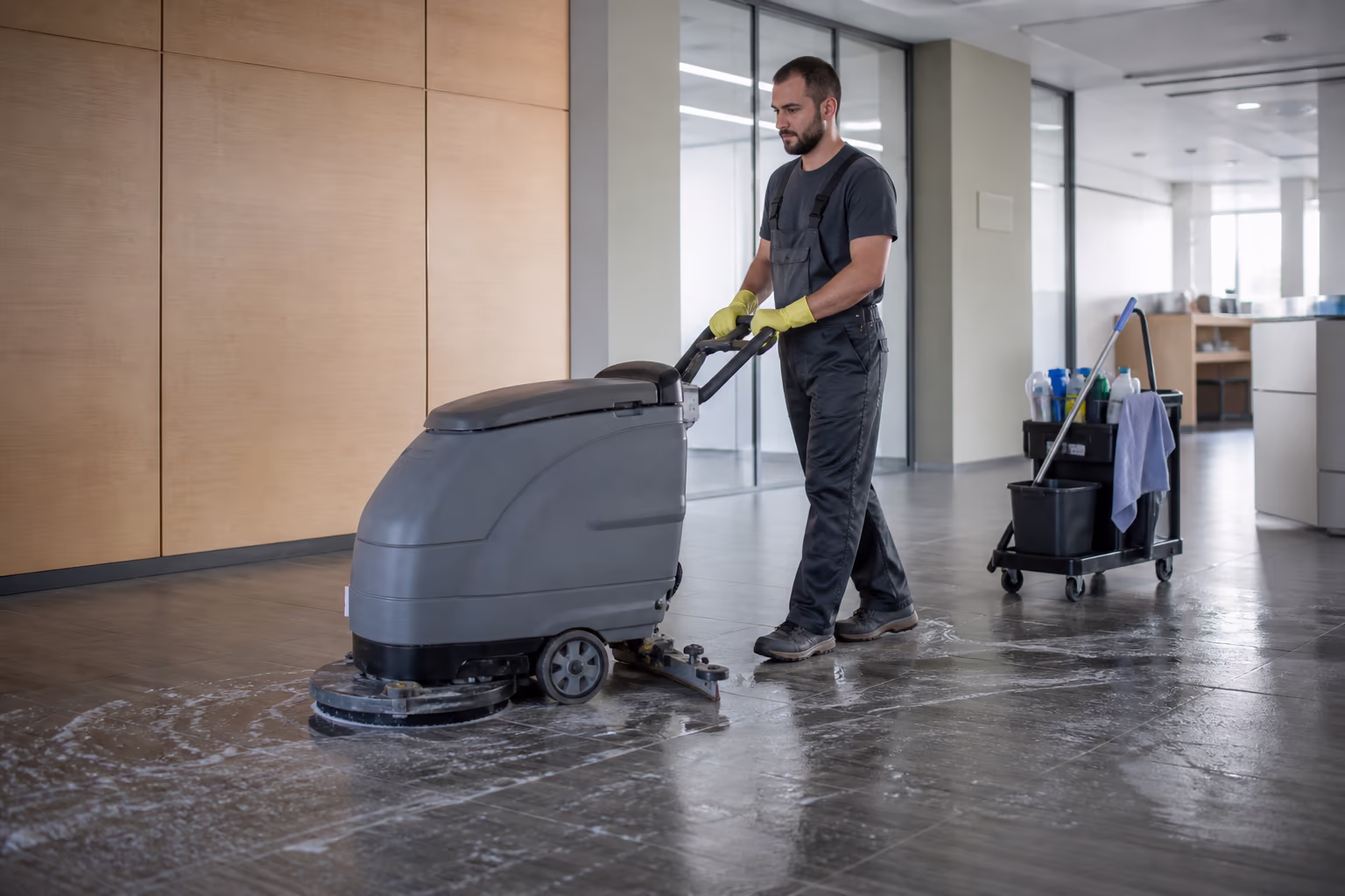 A commercial cleaning crew in uniform working an open-plan office floor with a floor scrubber and a supply caddy during a nightly janitorial visit.