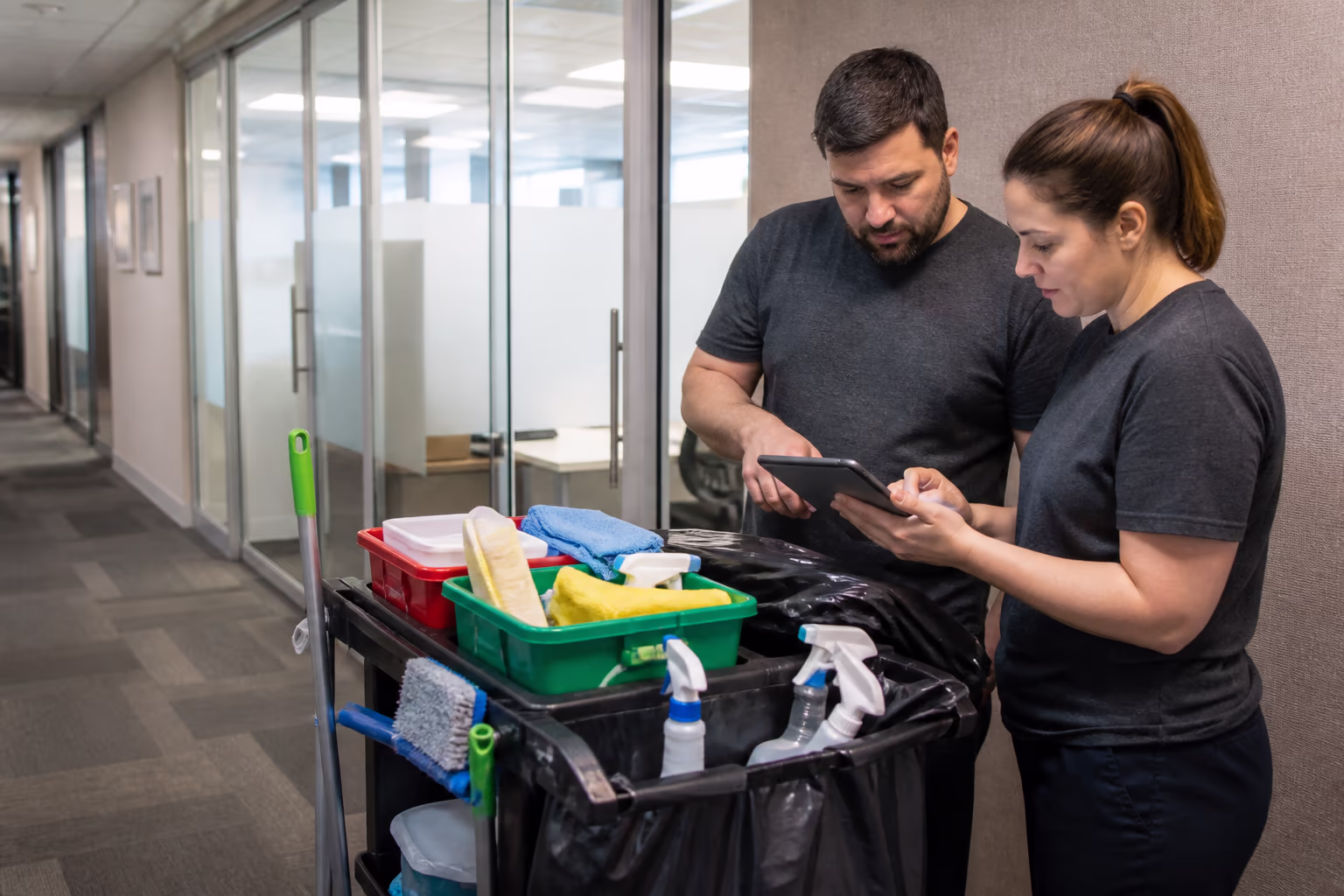 Cleaning technicians reviewing a colour-coded supply caddy and a digital inspection checklist before a nightly commercial office cleaning in Ottawa.