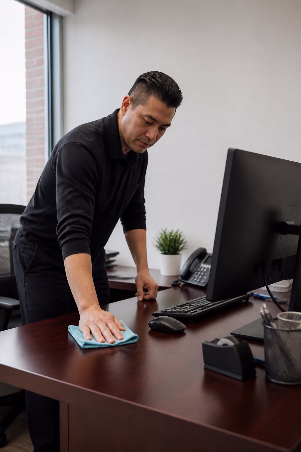 A commercial cleaner and a property manager reviewing a transparent monthly janitorial quote at a desk in an Ottawa office, with a colour-coded supply checklist and an inspection clipboard nearby.