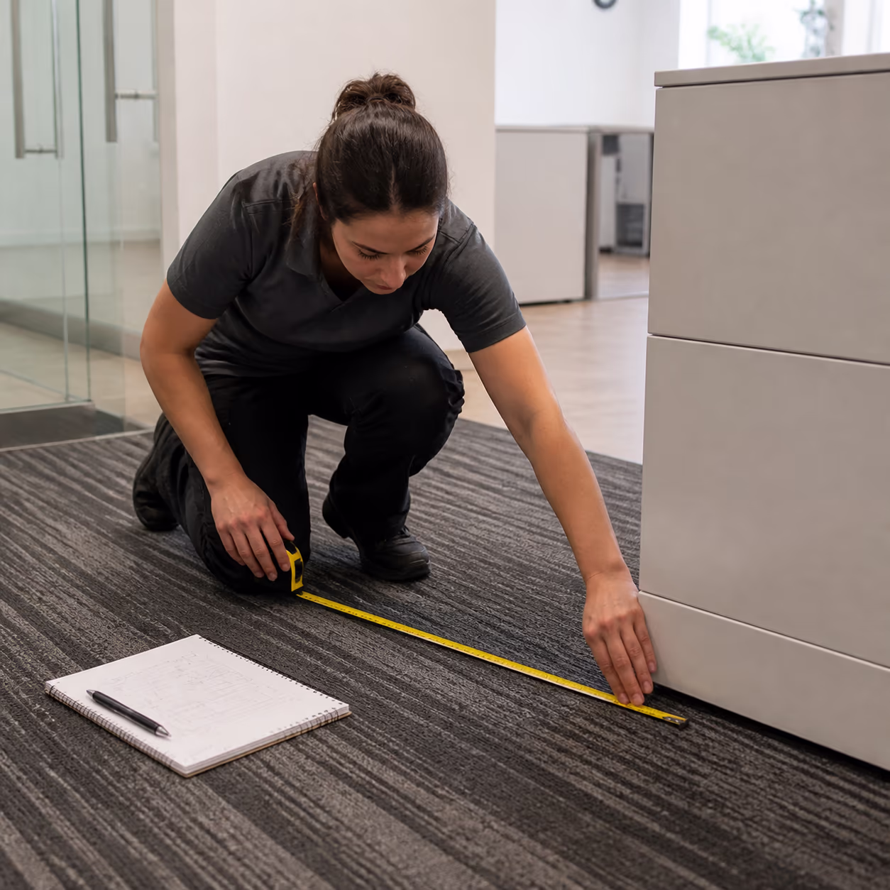 A commercial cleaner measuring an open-plan office floor with a tape measure beside a notepad of per-square-foot janitorial rate calculations.