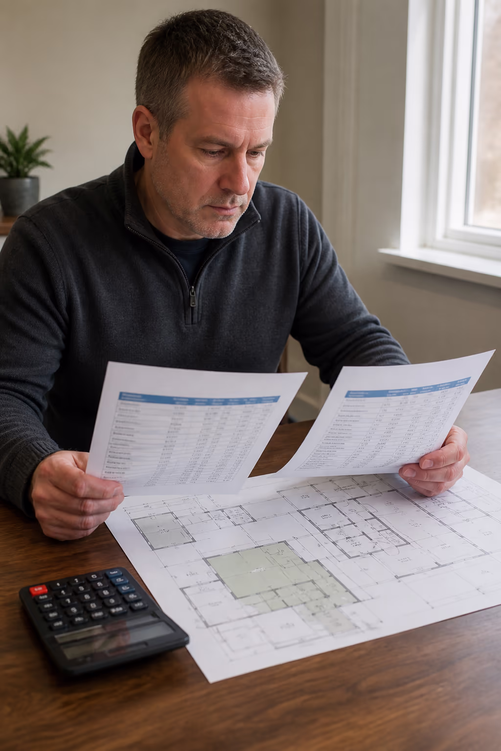 A commercial property manager comparing two printed janitorial proposals side by side at a desk beside a floor plan and a calculator.