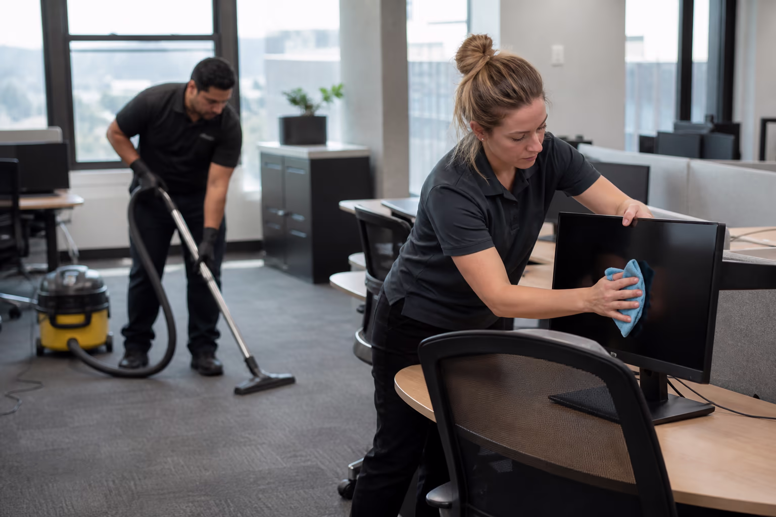 Two commercial cleaners wiping monitors and vacuuming between desks in a bright open-plan Ottawa office.