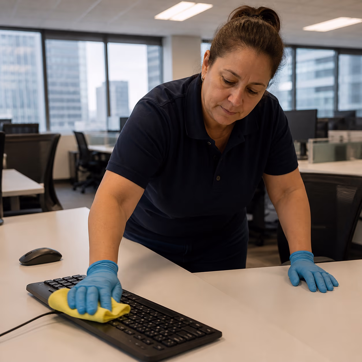 A commercial cleaner disinfecting shared office desks and keyboards during an after-hours shift in a bright open-plan Ottawa workspace.
