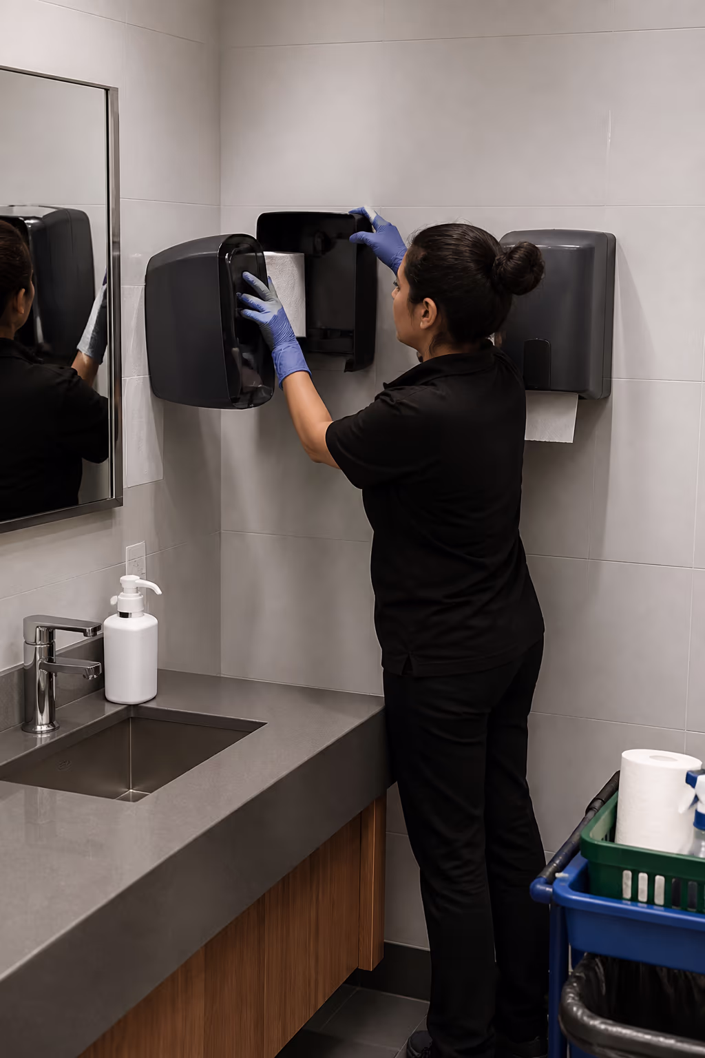 A cleaning technician restocking an Ottawa office washroom with soap and touchless paper dispensers after hours.