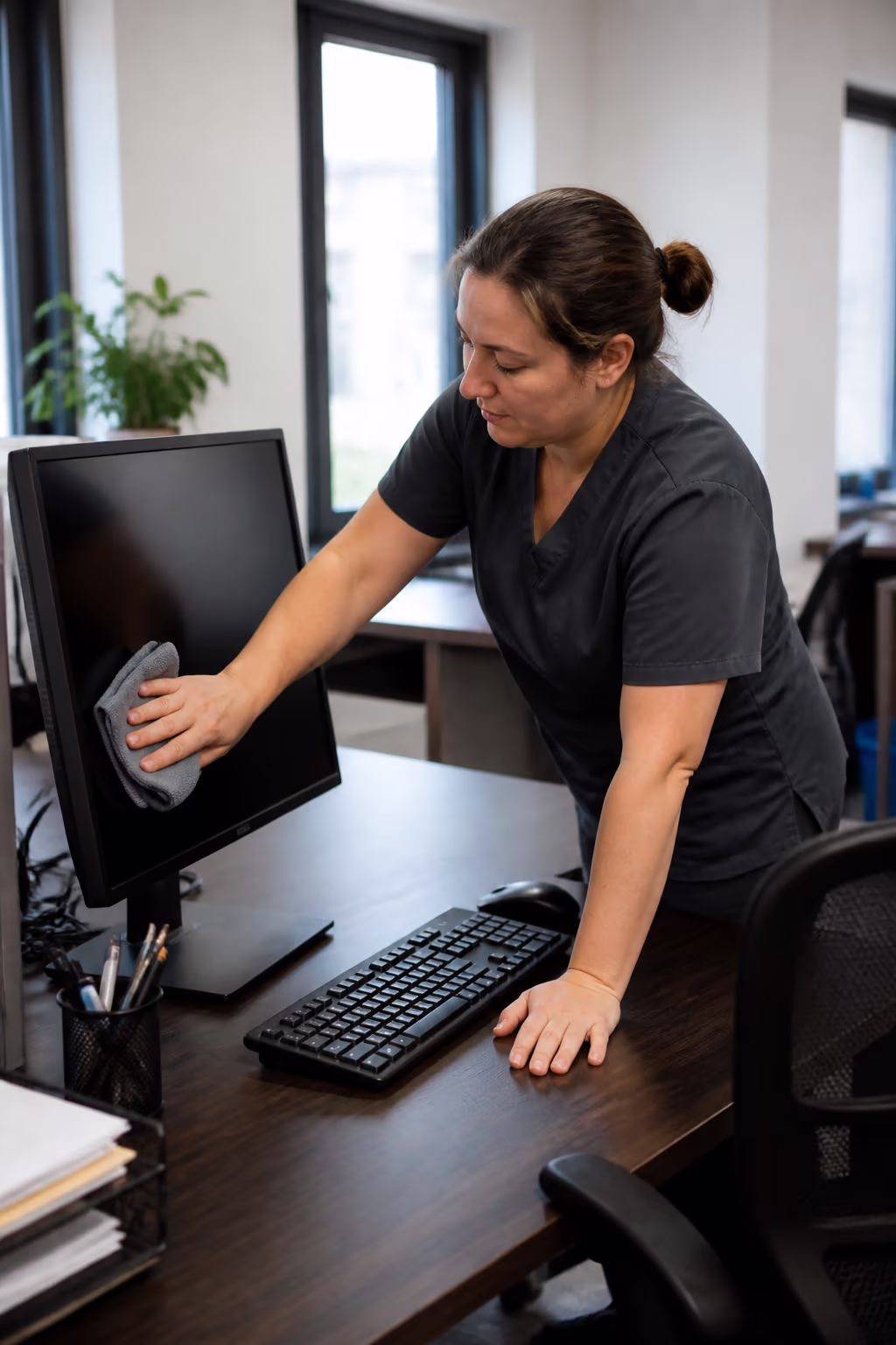 A professional cleaner dusting a low-pile workstation and computer screen in an Ottawa office, removing the dust that builds on horizontal surfaces.