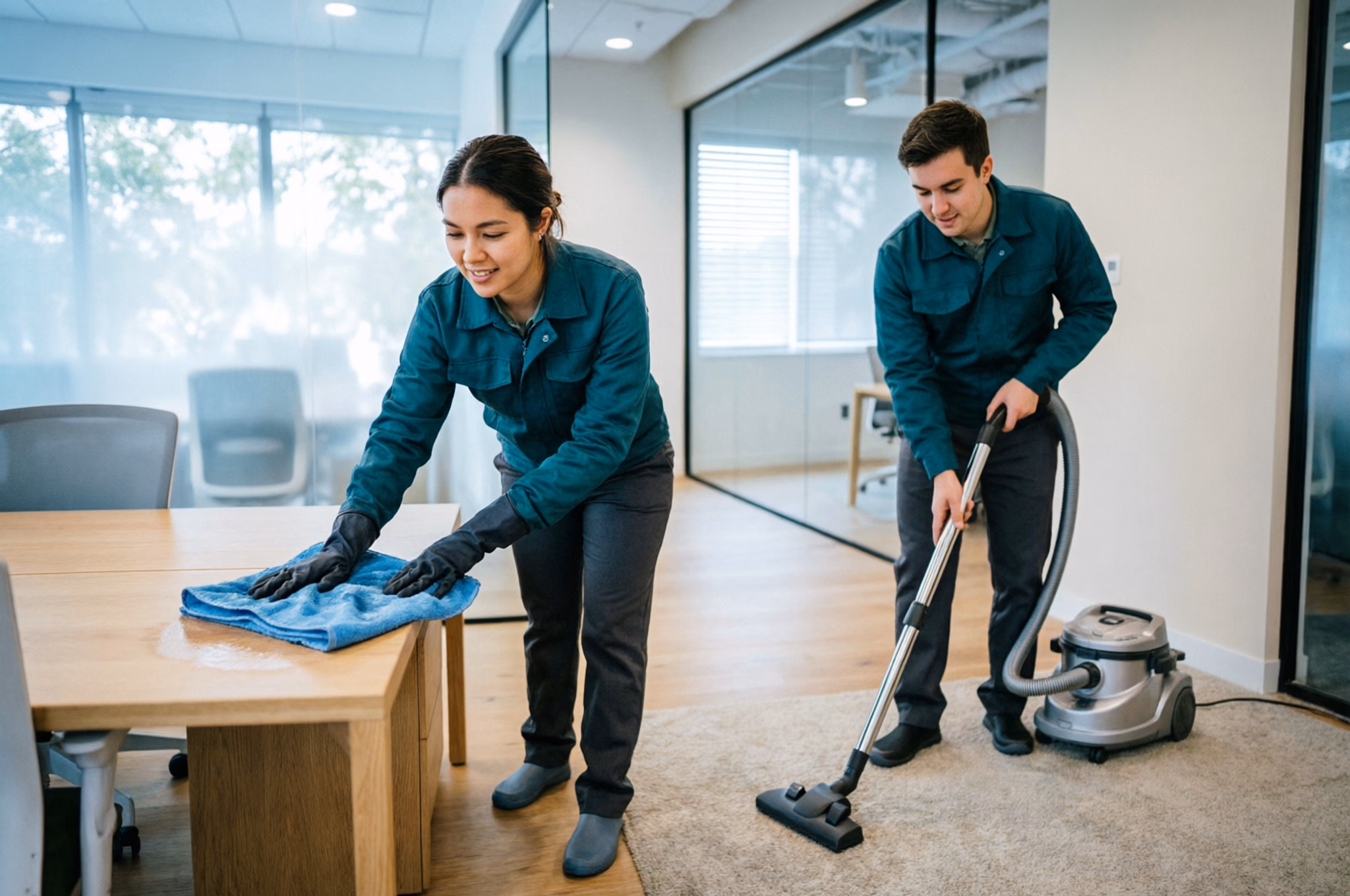 Two professional cleaners in matching uniforms servicing an open-plan Ottawa office, one wiping a desk and one vacuuming the carpeted floor.