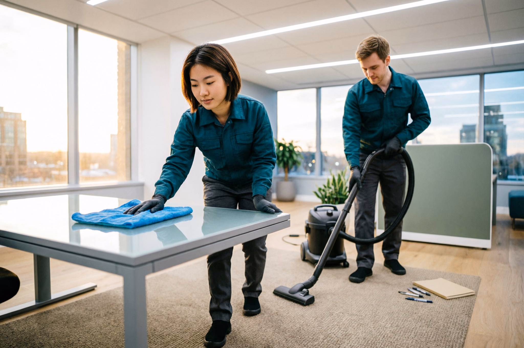 Cleaning technicians wiping desks and vacuuming open-plan carpet in an Ottawa office during an after-hours commercial clean.