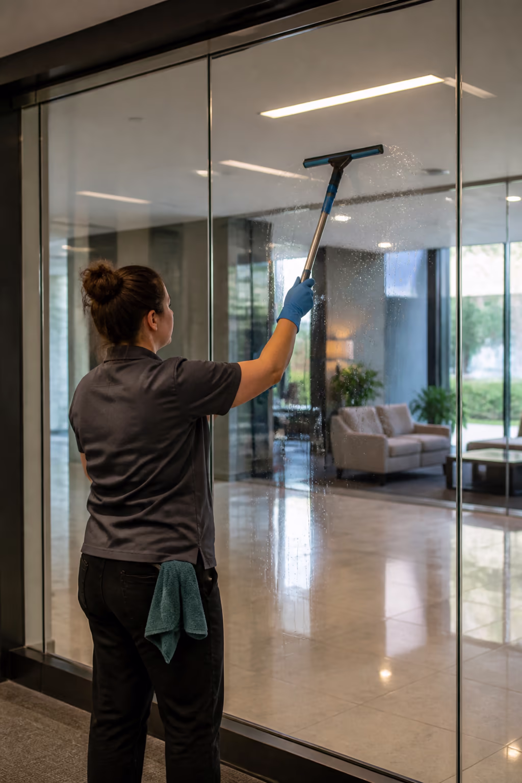 A freshly serviced Ottawa office lobby with polished floors, clean glass and a stocked entrance mat after an overnight commercial clean.