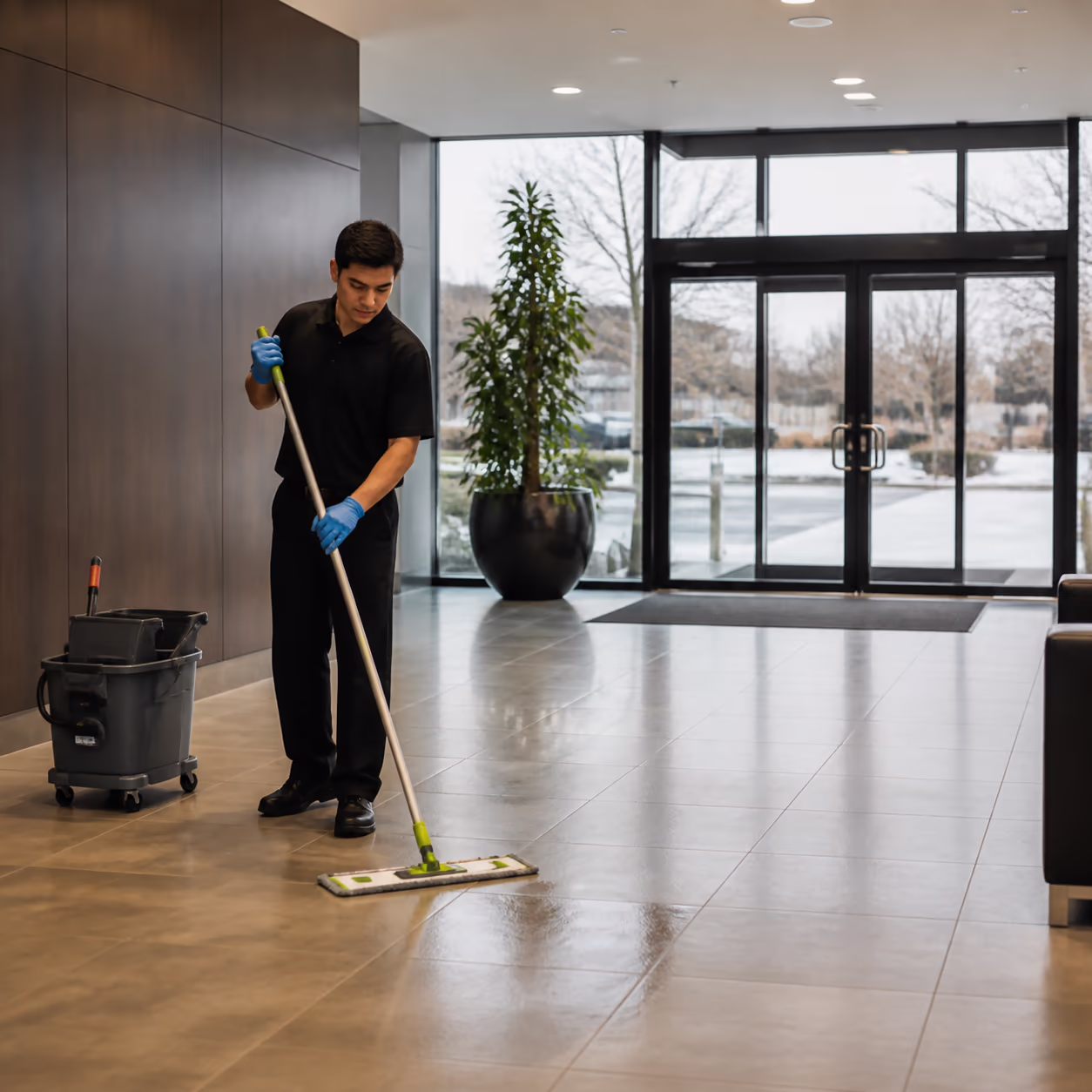 A commercial cleaner mopping the entryway of an Ottawa office building lobby at the end of the business day.