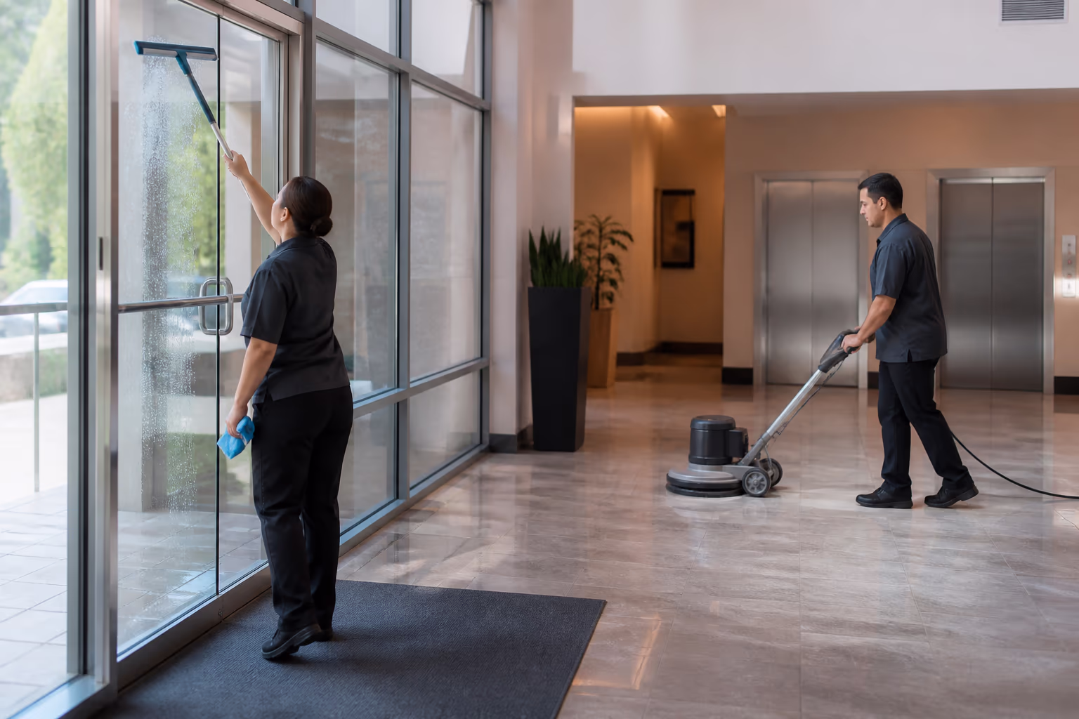 Two commercial cleaners servicing a bright multi-tenant office building lobby in Ottawa, one wiping the glass entrance doors while the other guides a floor-care machine across the polished tile toward the elevator lobby.