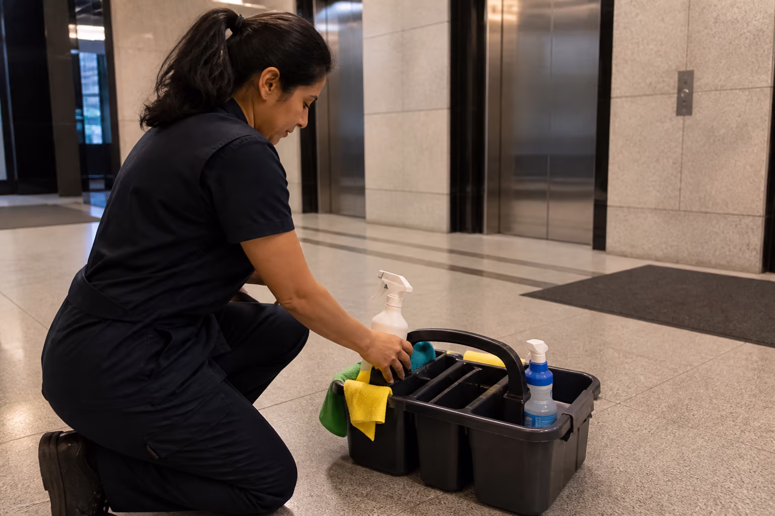 Cleaning technicians in uniform staging colour-coded supplies and a caddy beside a cleaning checklist before an after-hours commercial clean in an Ottawa office tower lobby.