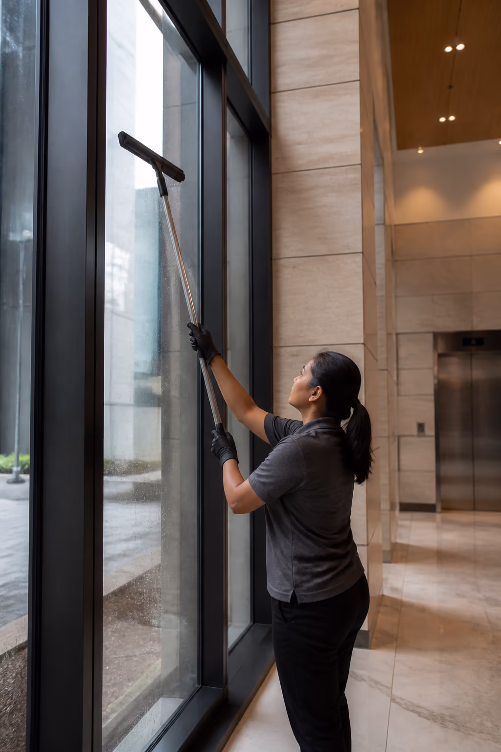 A supervisor walking a spot-inspection route through an Ottawa office tower lobby, checklist in hand, checking floor, glass and washroom standards against the contract.